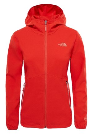 Red hooded zip-up jacket with long sleeves, two zippered side pockets, and The North Face logo on the upper left chest.