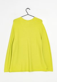 Langärmliger, gerippter Pullover in leuchtendem Limettengrün. Mit rundem Ausschnitt und seitlichen Schlitzen am unteren Saum. Hängt an einem schwarzen Haken.