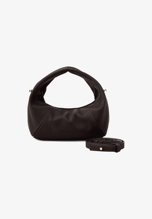 Brown leather shoulder bag with a soft, rounded shape. Features stitching accents and a detachable strap. Zippered closure at the top.