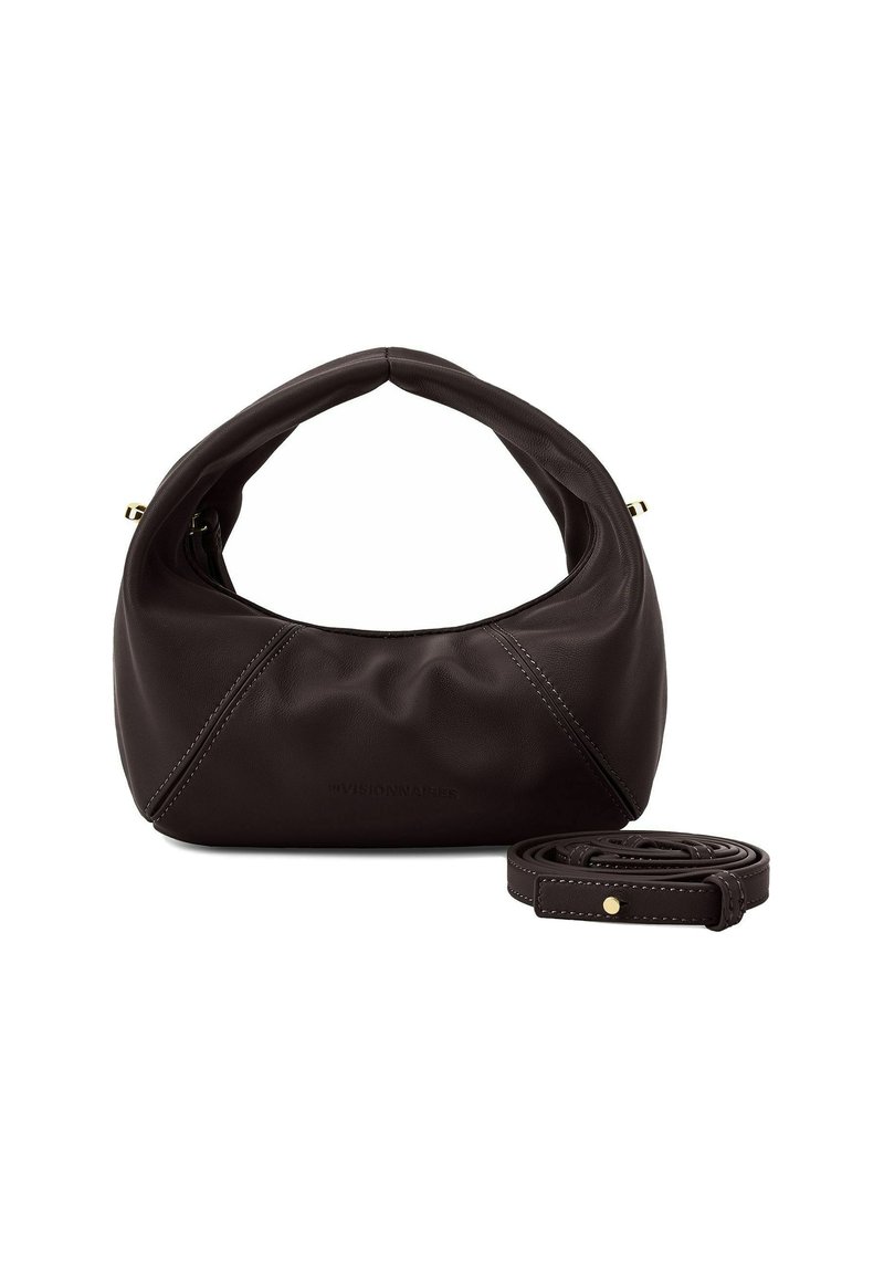 Brown leather shoulder bag with a soft, rounded shape. Features stitching accents and a detachable strap. Zippered closure at the top.