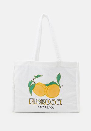 White tote bag with yellow peach design and green leaves, featuring "FIORUCCI" and "CAFÈ PESCA" text on front.