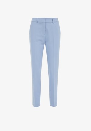 Light blue tailored trousers with a smooth finish, flat front, and slim fit. Features belt loops and two side pockets for functionality.