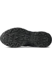 Černá sportovní podrážka obsahující texturovaný gumový povrch s geometrickým vzorem pro trakci a odolnost.