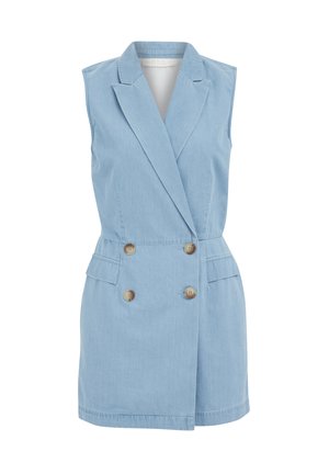 Light blue sleeveless dress with a double-breasted design, notched lapels, two front pockets, and wooden buttons for fastening.
