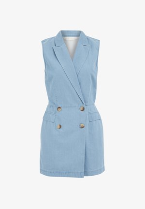 Helles blaues ärmelloses Kleid mit einem doppelreihigen Design, gekerbten Revers, zwei vorderen Taschen und Holzknöpfen zum Verschließen.