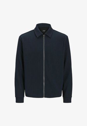 Marineblaue gerippte Jacke mit Kragen, Frontreißverschluss und langen Ärmeln. Verfügt über eine strukturierte Textur und seitliche Taschen.