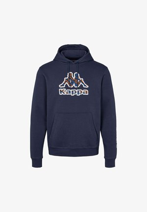 Sudadera de color azul marino hecha de una mezcla de algodón, con un bolsillo canguro y un destacado logo de Kappa en blanco, naranja y azul en el pecho.