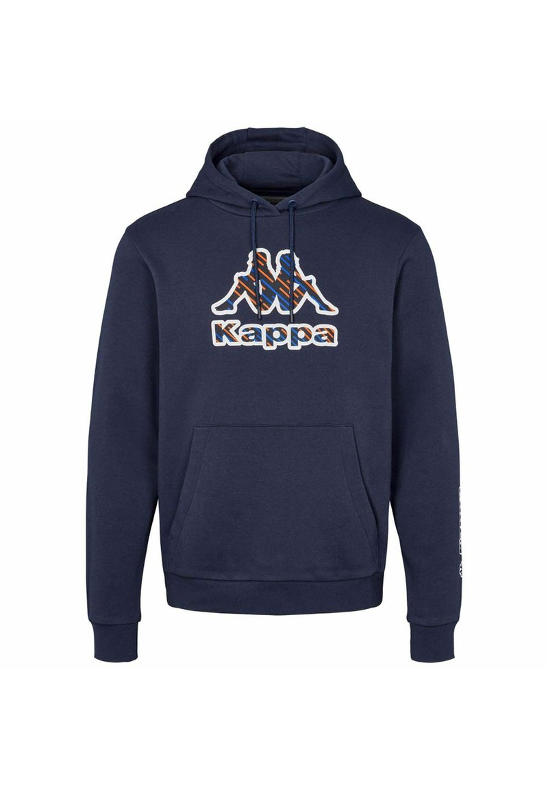Sudadera de color azul marino hecha de una mezcla de algodón, con un bolsillo canguro y un destacado logo de Kappa en blanco, naranja y azul en el pecho.