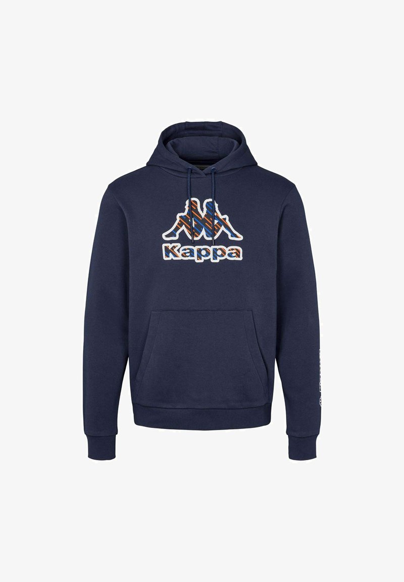 Sudadera de color azul marino hecha de una mezcla de algodón, con un bolsillo canguro y un destacado logo de Kappa en blanco, naranja y azul en el pecho.