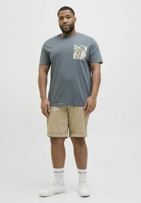 T-shirt gris avec une poche à motifs, shorts beiges, baskets blanches et chaussettes. Le T-shirt est à manches courtes, les shorts sont à hauteur des genoux.