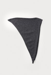 Dark gray triangular scarf made of soft fabric. Features a smooth texture with slightly rounded edges and a crease at the center.