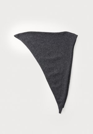 Dark gray triangular scarf made of soft fabric. Features a smooth texture with slightly rounded edges and a crease at the center.