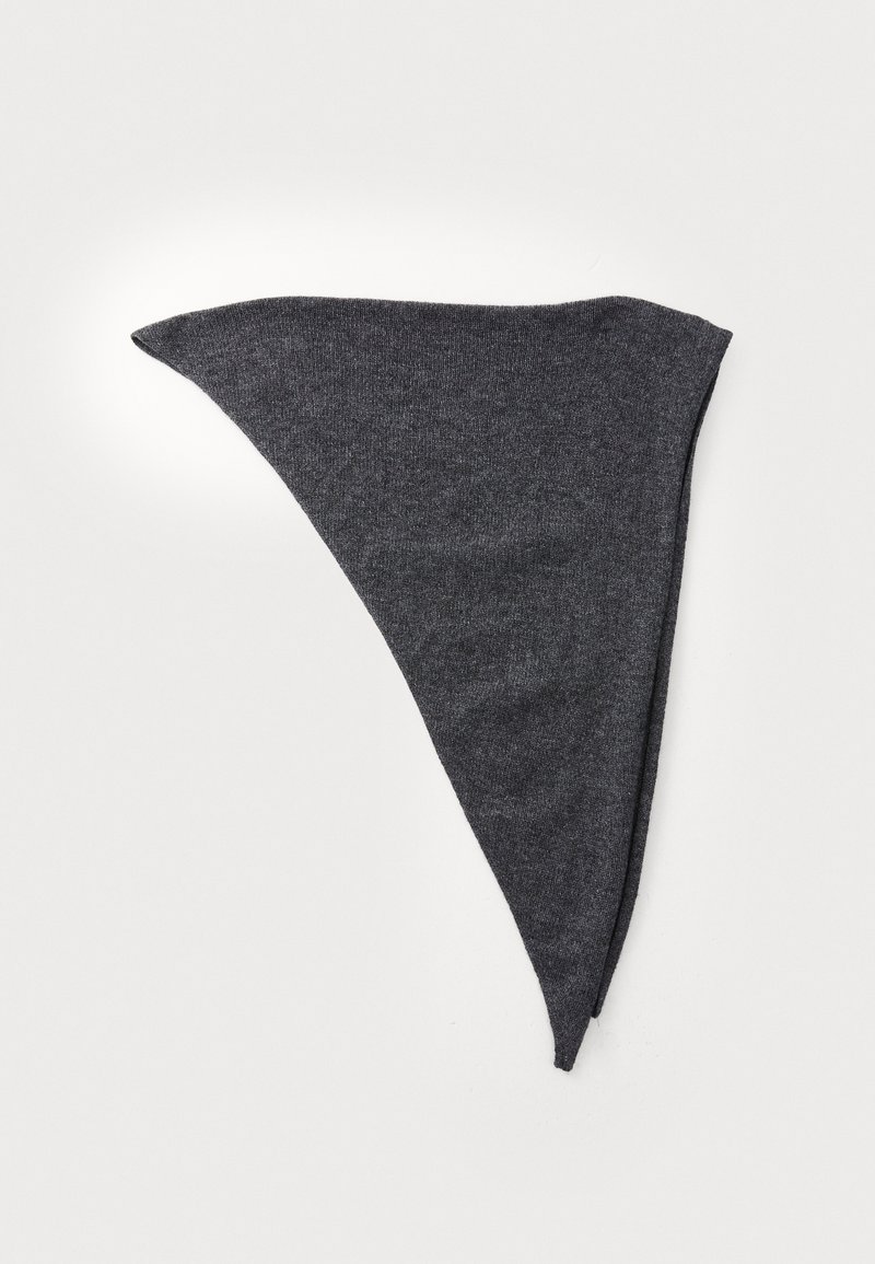 Dark gray triangular scarf made of soft fabric. Features a smooth texture with slightly rounded edges and a crease at the center.
