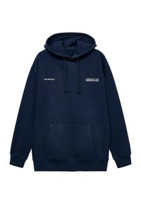 Felpa blu navy con tasca frontale, cappuccio con lacci e testo bianco che recita "VIVI BOLD" e "ABBRACCIA L'IMPREVISTO" sul petto.