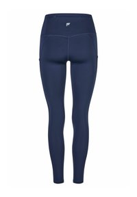 Navy blue leggings featuring a high waistband, smooth texture, and side pockets. Accented with a small white logo at the back.