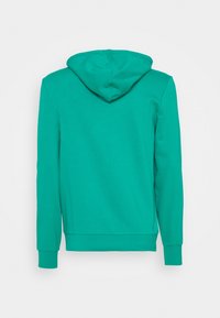 Felpa teal con cappuccio e lacci, realizzata in tessuto morbido. Presenta maniche lunghe e una tasca a marsupio, design semplice senza stampe.