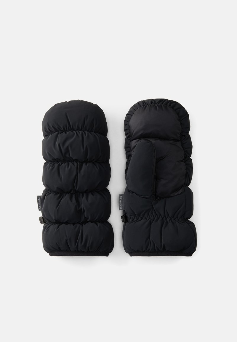 Mittens acolchoados pretos com design acolchoado, topos arredondados e secção interna para o polegar. Inclui uma aba para apertar e um rótulo da marca.