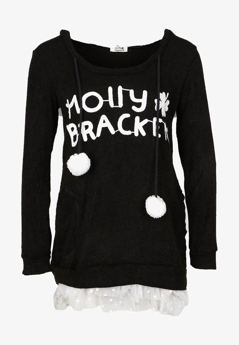 Pull noir à manches longues avec texte blanc "Molly Bracken", deux pompons sur les cordons et bordure en tulle blanc à pois sur l'ourlet.