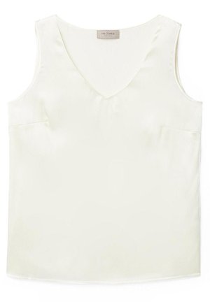 Bezramienna biała bluzka z dekoltem w serek i dwiema małymi kieszonkami z przodu. Gładki materiał z delikatnym połyskiem i prostym wykończeniem. 