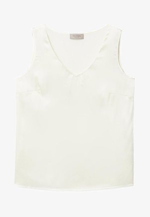 Top blanc sans manches avec décolleté en V et deux petites poches avant. Tissu lisse avec un léger éclat et un ourlet droit.