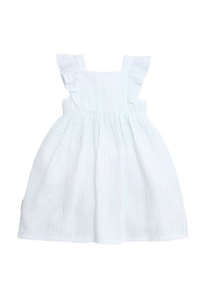 Vestido blanco sin mangas para niño pequeño con rayas verticales azul claro y tirantes con volantes.