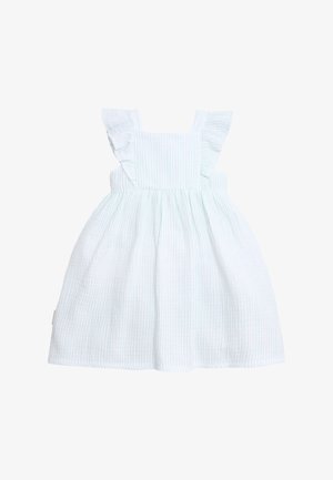 Vestido blanco sin mangas para niño pequeño con rayas verticales azul claro y tirantes con volantes.