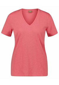 V-Ausschnitt Kurzarm-T-Shirt in Hellrosa, ausweichem Stoff gefertigt. Es hat einen klassischen Schnitt mit glatter Textur und ohne sichtbare Muster.