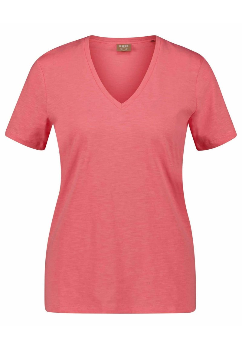 V-Ausschnitt Kurzarm-T-Shirt in Hellrosa, ausweichem Stoff gefertigt. Es hat einen klassischen Schnitt mit glatter Textur und ohne sichtbare Muster.