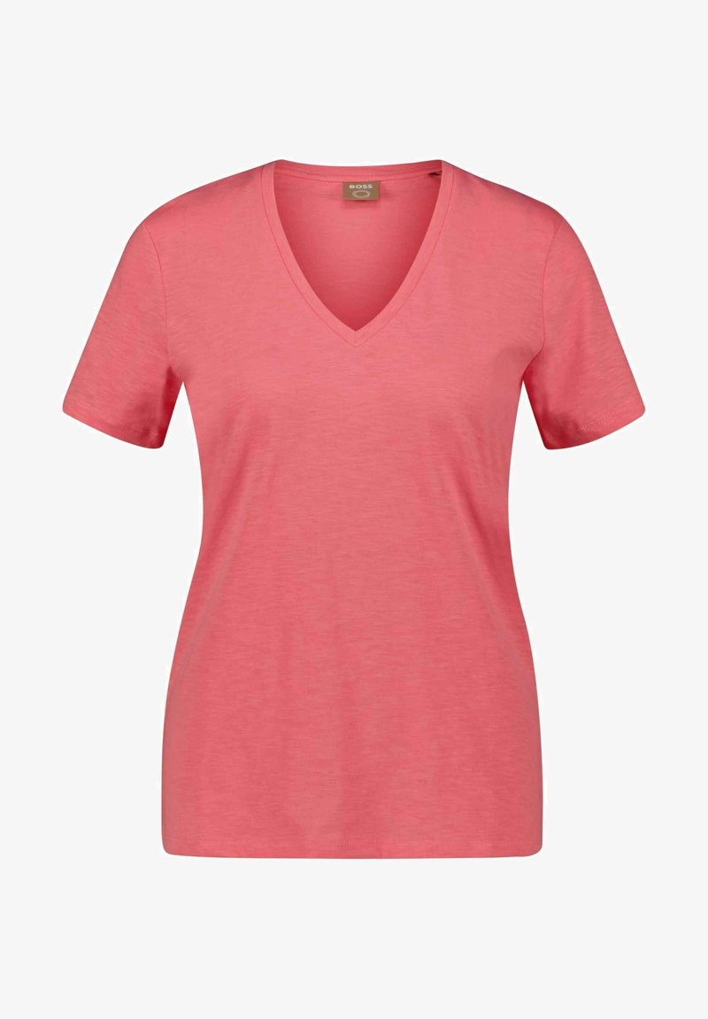 V-Ausschnitt Kurzarm-T-Shirt in Hellrosa, ausweichem Stoff gefertigt. Es hat einen klassischen Schnitt mit glatter Textur und ohne sichtbare Muster.