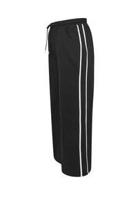 Svarta sweatpants med elastisk midja, dragsko och två vita vertikala ränder som går ner längs sidorna.