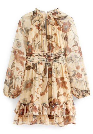 Gennemsigtig langærmet blomsterkjole med flæsekant, indsnøret talje og bindebånd ved halsen i beige, brune og afdæmpede pastelfarver.