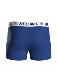 Marineblaue Boxershorts mit einem weißen elastischen Bund, der wiederholt mit "NFL" bedruckt ist, und einem kleinen NFL-Logo. Glatte Stoffoberfläche.