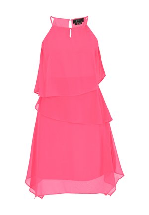 Růžové vrstvené šifonové šaty bez rukávů s vysokým výstřihem a malým výřezem vpředu.