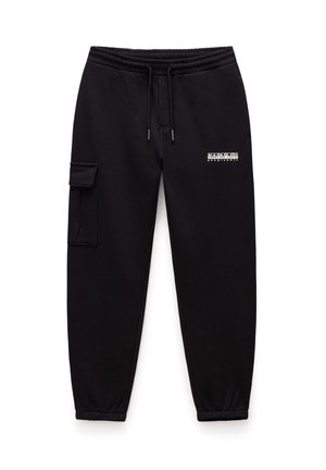Pantalones de chándal negros de mezcla de algodón, con cintura elástica y cordón, bolsillo cargo lateral y pequeño logo blanco en la parte delantera.