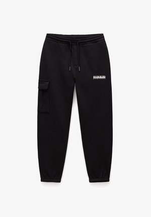 Pantaloni della tuta neri realizzati in tessuto misto cotone, con vita elasticizzata e cordoncino, tasca cargo laterale e piccolo logo bianco sulla parte anteriore.
