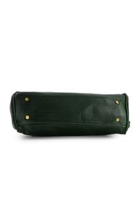 Green leather bag with a rectangular shape, featuring brass studs, contrasting stitching, and a smooth texture. Bottom view displayed.