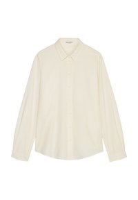 Camisa de manga larga color crema con una parte delantera abotonada, cuello puntiagudo y textura suave y lisa. Cuenta con un corte holgado y un dobladillo redondeado.