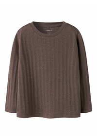 Top long à manches, marron texturé avec un design côtelé. Présente un col rond et une coupe décontractée. Convient pour une tenue décontractée.