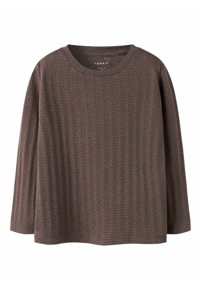 Top long à manches, marron texturé avec un design côtelé. Présente un col rond et une coupe décontractée. Convient pour une tenue décontractée.