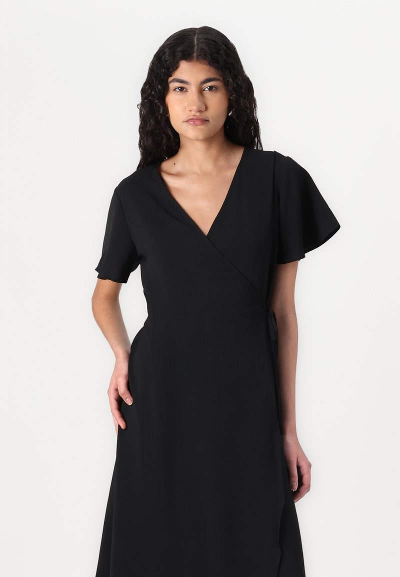 princess polly baby blue dress Black Lace 3/4 Sleeve Wrap Over Effect Midi Dress – Pretty Kitty Fashion main image 1