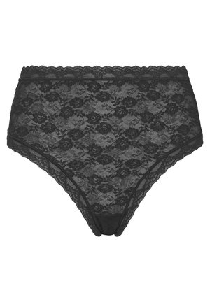 Culotte haute en dentelle noire avec motif floral, bords festonnés et texture douce pour un confort optimal.