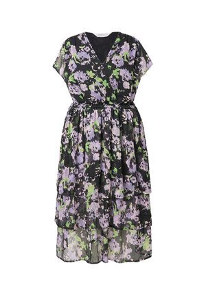 Abito midi floreale in tessuto nero trasparente con fiori viola e verdi, scollatura a V, maniche corte e design a strati sull'orlo.