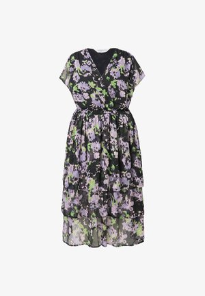 Bloemen midi-jurk in doorschijnende zwarte stof met paarse en groene bloemen, V-hals, korte mouwen en gelaagde zoomontwerp.