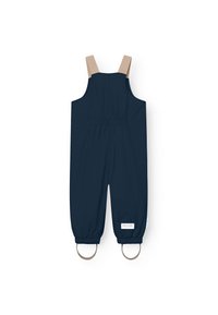 Navy blue waterproof overall with beige elastic straps, elastic cuffs, and silver rings at the legs. Features a logo tag on the front.