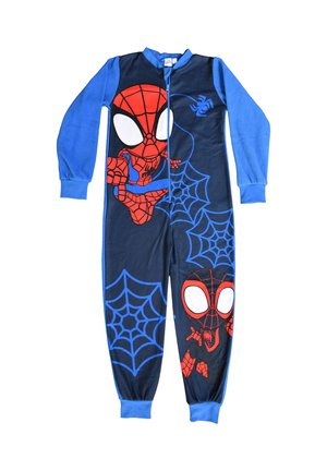 Children's blue and black one-piece pajamas featuring large red and black Spider-Man faces and blue spiderweb designs.