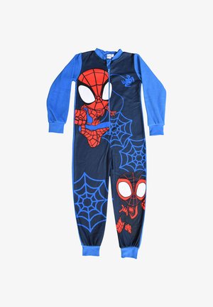 Pigiama intero per bambini in blu e nero con grandi volti di Spider-Man rossi e neri e disegni di ragnatele blu.