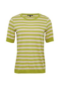 Koszulka z krótkim rękawem w paski, z naprzemiennie zielonymi i kremowymi paskami, okrągłym dekoltem oraz ribbowymi mankietami. Miękki dzianinowy materiał.