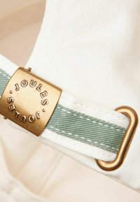 Gros plan sur une sangle en tissu blanc avec une bande verte, boucle en métal bronze gravée de "JOULES" assurant la fixation de la sangle.