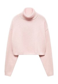 Helles rosa, verkürztes Turtleneck-Pullover aus weichem, strukturiertem Strickmaterial mit langen Ärmeln und gerippten Saum- und Kragen-Details.