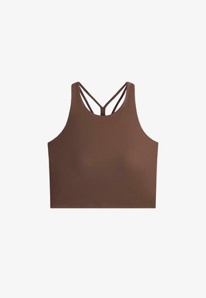 Smeđi kratki top bez rukava s visokim izrezom i tankim ukrštenim naramenicama na leđima, izrađen od glatkog materijala.